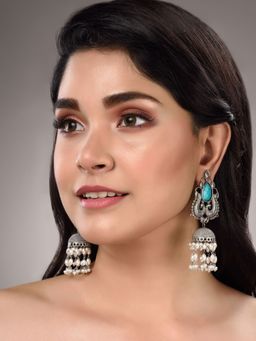 Saraf RS Jewellery - Turquoise Blue Studded and Beaded Oxidised Jhumka Earrings