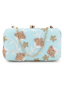 Anekaant - Tulle Sky Blue and Gold Faux Silk Floral Embroidered Clutch