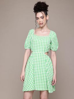Freehand - Women Green Fit and Flared Textured Cut Out Dress