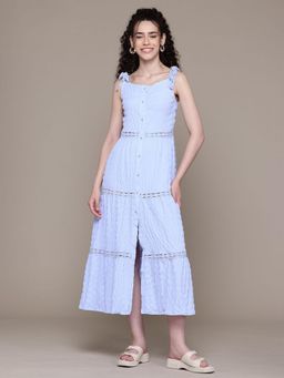 Freehand - Women Blue Fit and Flared Solid Midi Dress