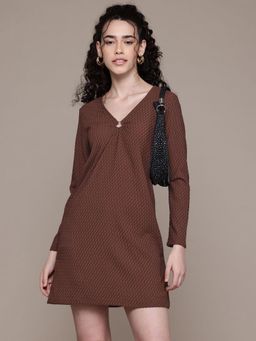 Freehand - Women Brown A Line Textured Shift Dress