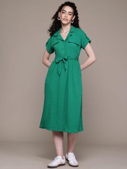 Freehand - Women Green Relaxed Textured Belted Shirt Dress (Set of 2)
