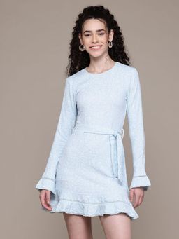 Freehand - Women Blue Regular Textured Belted Mini Dress (Set of 2)