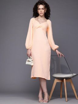 Freehand - Women Orange Fitted Textured Midi Dress