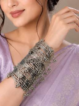 OOMPH - Oxidised Silver Ghungroo Kashmiri Bangles (Pack of 26) (2.6)
