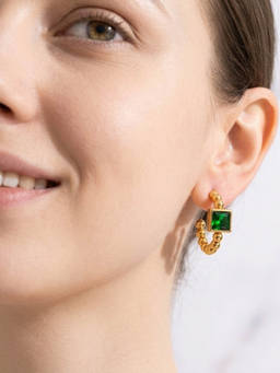 Salty - Green Stone Beaded Prism Square Hoop Earrings