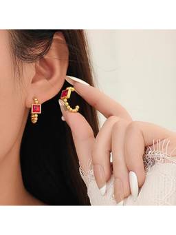 Salty - Red Stone Beaded Prism Square Hoop Earrings