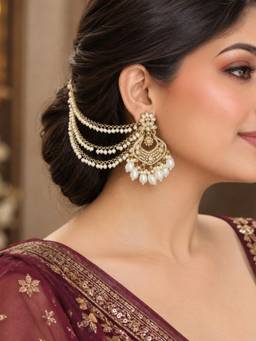 OOMPH - Kundan and Pearls Drop Earrings with Ear Chain