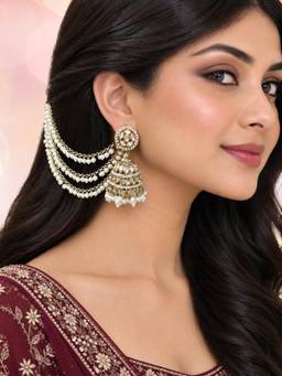 OOMPH - Pearl and Stone Kundan Jhumka Earring with Ear Chain
