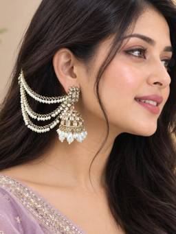 OOMPH - Elegant Pearl and Kundan-Stone Jhumka Earring with Ear Chain