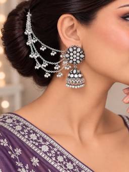 OOMPH - Oxidised Silver Kashmiri Jhumka Earrings with Ear Chain