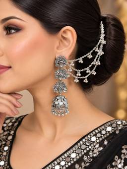 OOMPH - Oxidised Silver Kashmiri Jhumka Earrings with Ear Chain