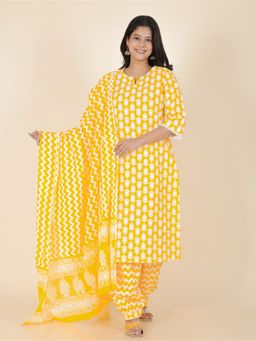 ARAMYA - Women Yellow Pure Cotton Floral Kurta with Salwar and Dupatta