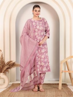 ARAMYA - Women Purple Pure Cotton Printed Kurta with Pant and Dupatta