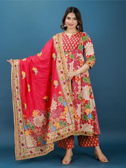 ARAMYA - Women Red Pure Cotton Floral Anarkali with Palazzo and Dupatta