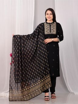ARAMYA - Women Black Rayon Ethnic Kurta with Pant and Dupatta