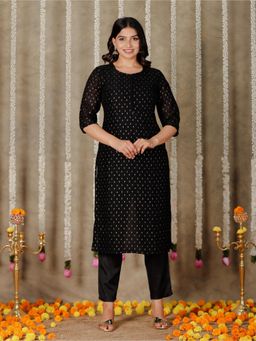 ARAMYA - Women Black Chanderi Printed Kurta with Pant
