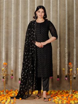ARAMYA - Women Black Chanderi Printed Kurta with Pant and Dupatta