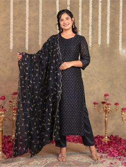 ARAMYA - Women Blue Chanderi Printed Kurta with Pant and Dupatta