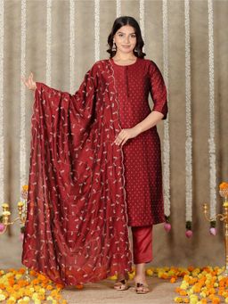 ARAMYA - Women Maroon Chanderi Printed Kurta with Pant and Dupatta