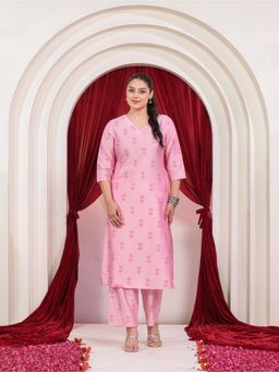 ARAMYA - Women Pink Silk Blend Floral Kurta with Pant