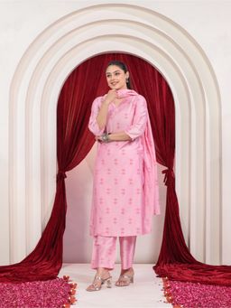 ARAMYA - Women Pink Silk Blend Floral Kurta with Pant and Dupatta