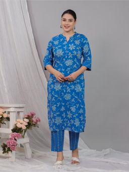 ARAMYA - Women Blue Pure Cotton Floral Kurta with Pant