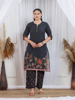 ARAMYA - Women Black Pure Cotton Floral Kurta with Pant