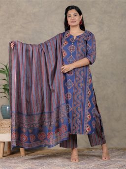 ARAMYA - Women Blue Pure Cotton Ethnic Kurta with Pant and Dupatta
