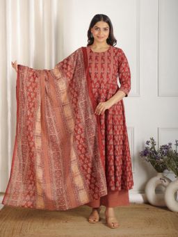 ARAMYA - Women Red Pure Cotton Ethnic Anarkali with Palazzo and Dupatta