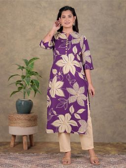 ARAMYA - Women Purple Pure Cotton Floral Kurta with Pant