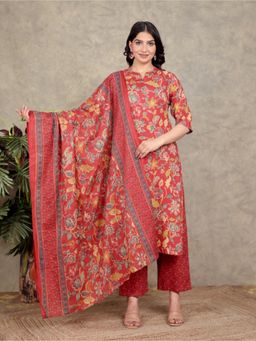 ARAMYA - Women Red Pure Cotton Floral Kurta with Pant and Dupatta