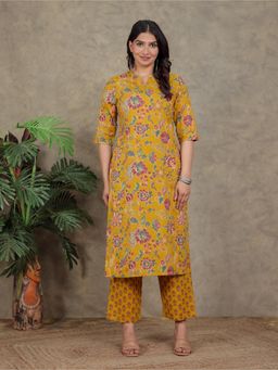 ARAMYA - Women Yellow Pure Cotton Floral Kurta with Pant