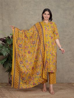 ARAMYA - Women Yellow Pure Cotton Floral Kurta with Pant and Dupatta