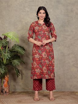 ARAMYA - Women Red Pure Cotton Floral Kurta with Pant
