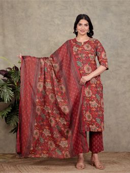 ARAMYA - Women Red Pure Cotton Floral Kurta with Pant and Dupatta