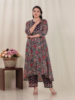 ARAMYA - Women Navy Blue Pure Cotton Floral Kurta with Pant