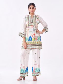Amchoor - Women Cream Crepe Geometric Kurta with Pant
