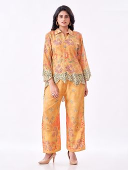 Amchoor - Women Mustard Linen Floral Kurta with Pant