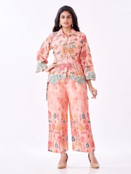 Amchoor - Women Peach Linen Floral Kurti with Pant