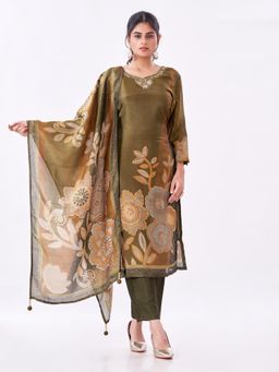 Amchoor - Women Olive Tissue Printed Kurta with Pant and Dupatta