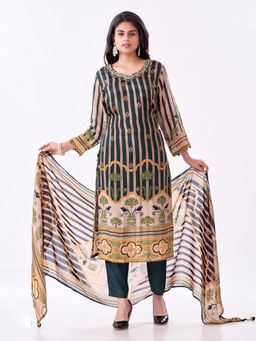 Amchoor - Women Green Raw Silk Floral Kurta with Pant and Dupatta