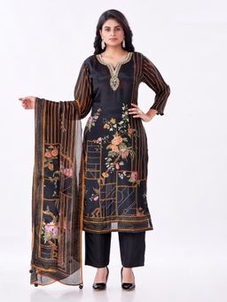 Amchoor - Women Black Silk Floral Kurta with Pant and Dupatta