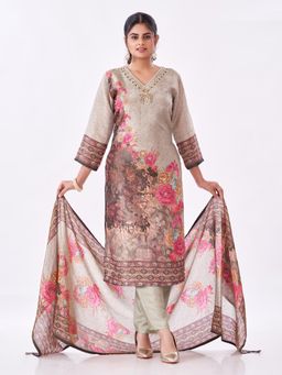 Amchoor - Women Grey Tissue Floral Kurta with Pant and Dupatta
