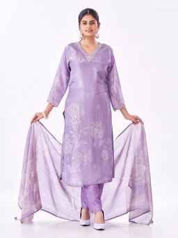 Amchoor - Women Purple Tissue Floral Kurta with Pant and Dupatta