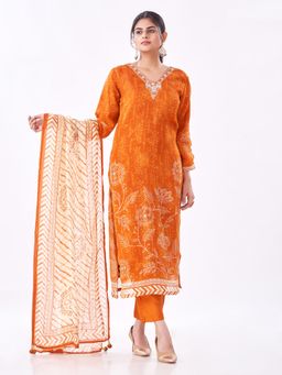 Amchoor - Women Orange Organza Floral Kurta with Pant and Dupatta