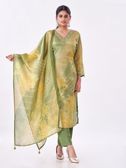 Amchoor - Women Green Tissue Floral Kurta with Pant and Dupatta