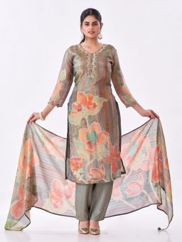 Amchoor - Women Grey Tissue Floral Kurta with Pant and Dupatta