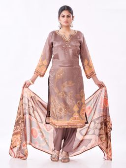 Amchoor - Women Brown Silk Floral Kurta with Pant and Dupatta