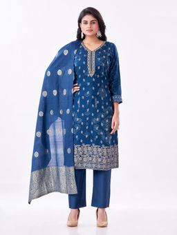 Amchoor - Women Teal Cotton Floral Kurta with Pant and Dupatta